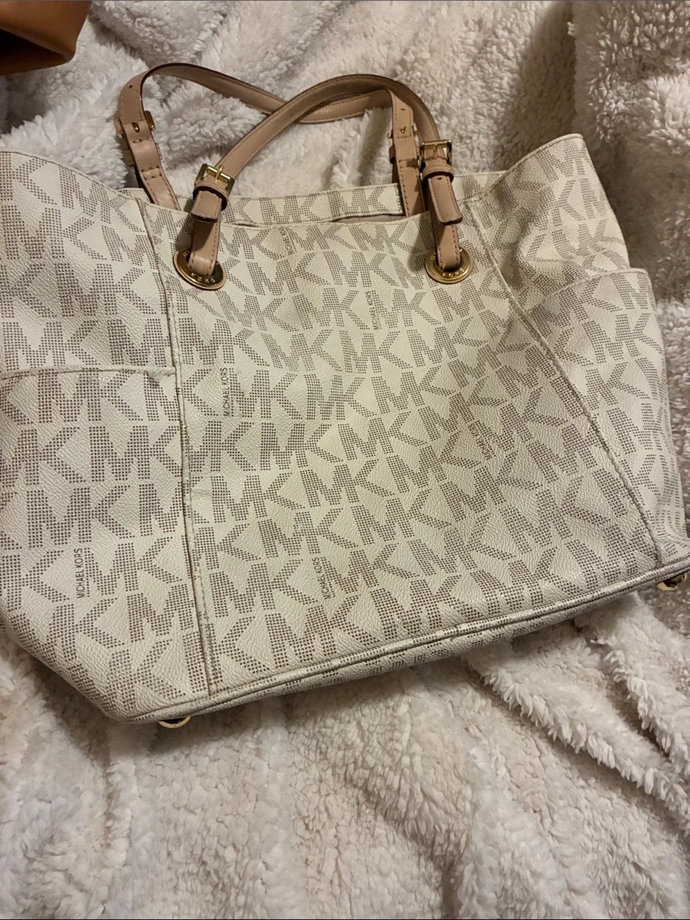 Michael Kors Cream & Tan MK Logo Tote with Gold Hardware